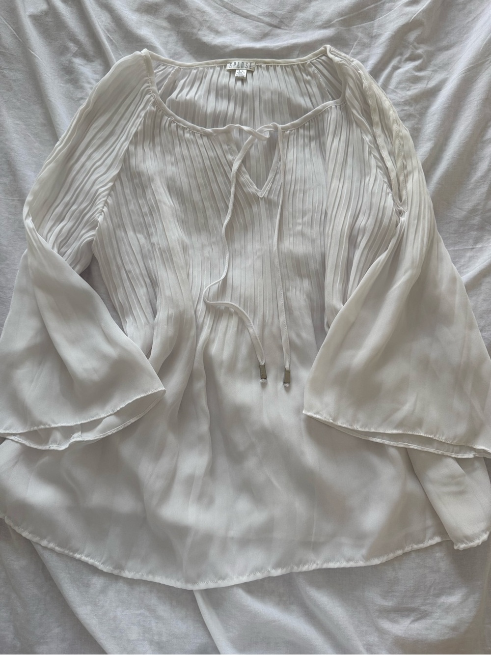 Pleated Tie-Neck Bell Sleeve Blouse in Ivory